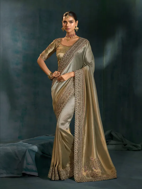 Grey silk festive wear saree with zardosi detailing