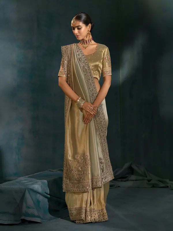Grey silk festive wear saree with zardosi detailing
