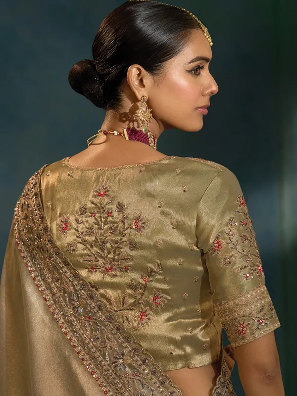 Grey silk festive wear saree with zardosi detailing