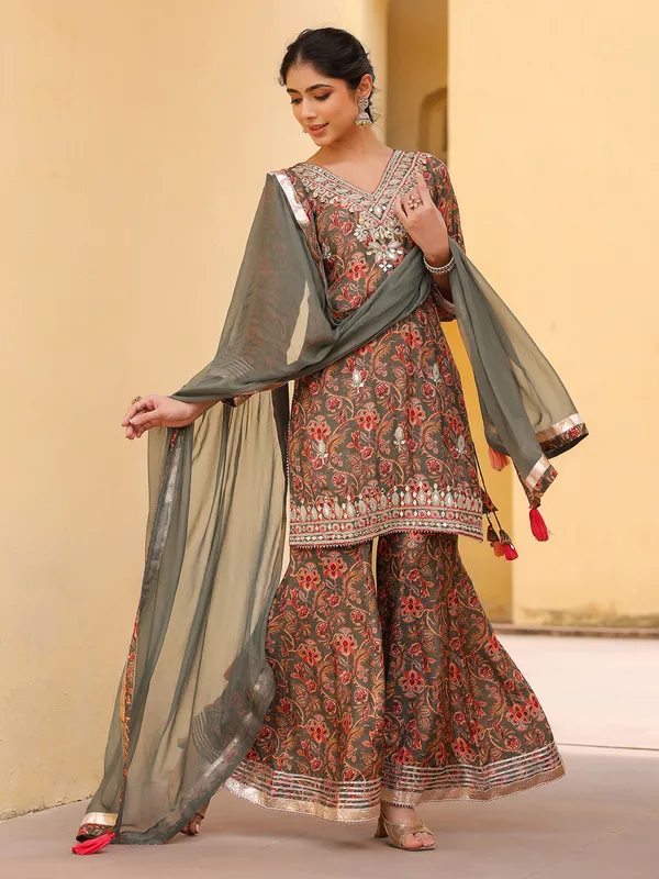 Grey silk floral palazzo kurti set ensemble for women