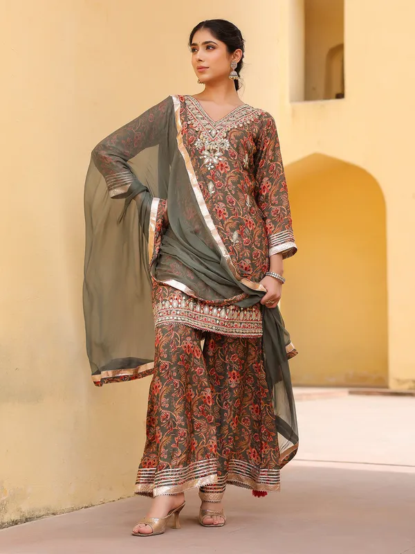 Grey silk floral palazzo kurti set ensemble for women