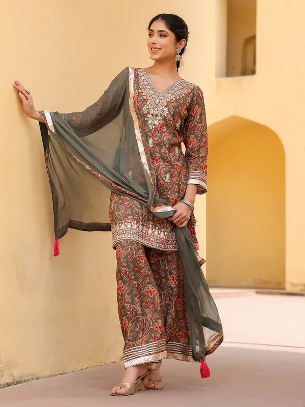 Grey silk floral palazzo kurti set ensemble for women