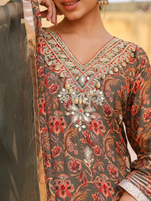 Grey silk floral palazzo kurti set ensemble for women
