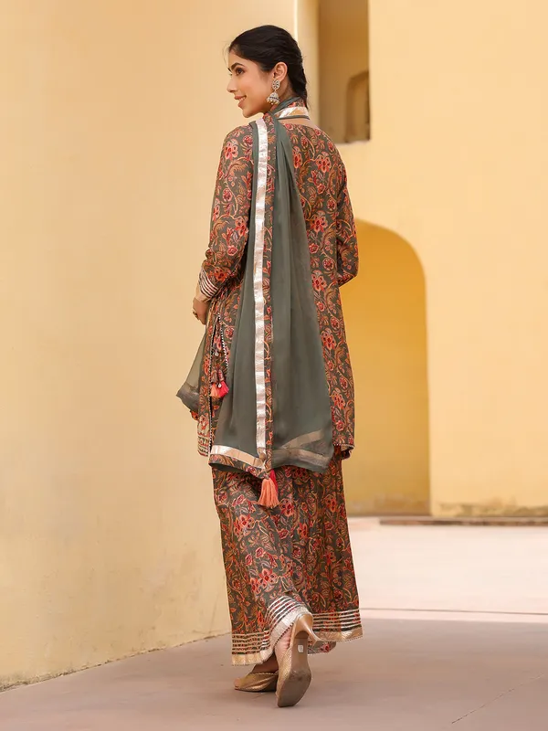 Grey silk floral palazzo kurti set ensemble for women