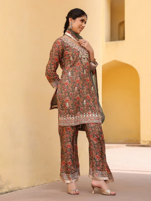 Grey silk floral palazzo kurti set ensemble for women
