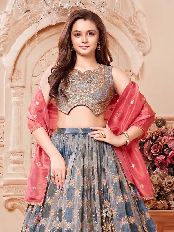 Grey silk girls lehenga choli with dupatta