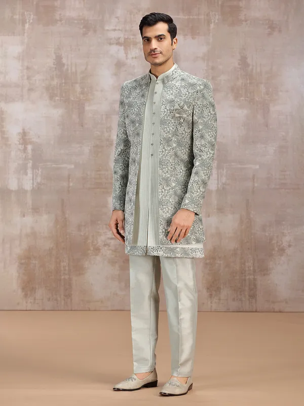 Grey silk indowestern set for reception