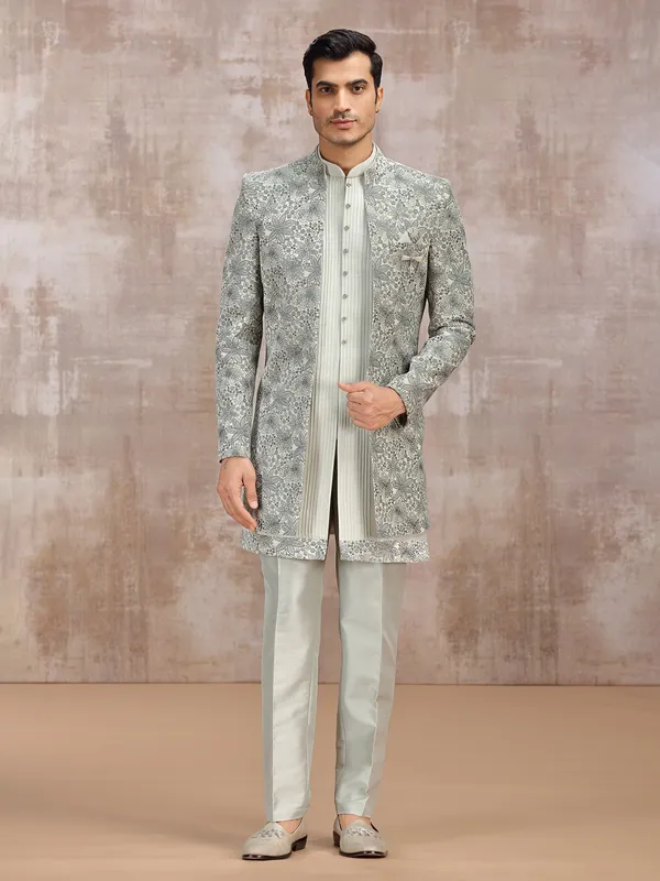 Grey silk indowestern set for reception