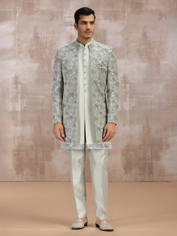 Grey silk indowestern set for reception