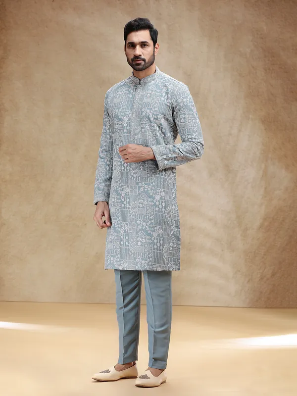 Grey silk kurta suit for festive charm
