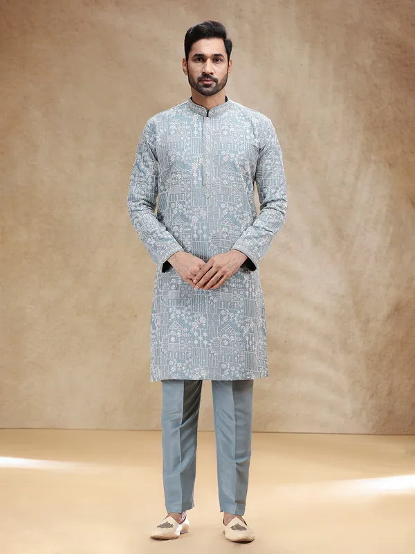 Grey silk kurta suit for festive charm