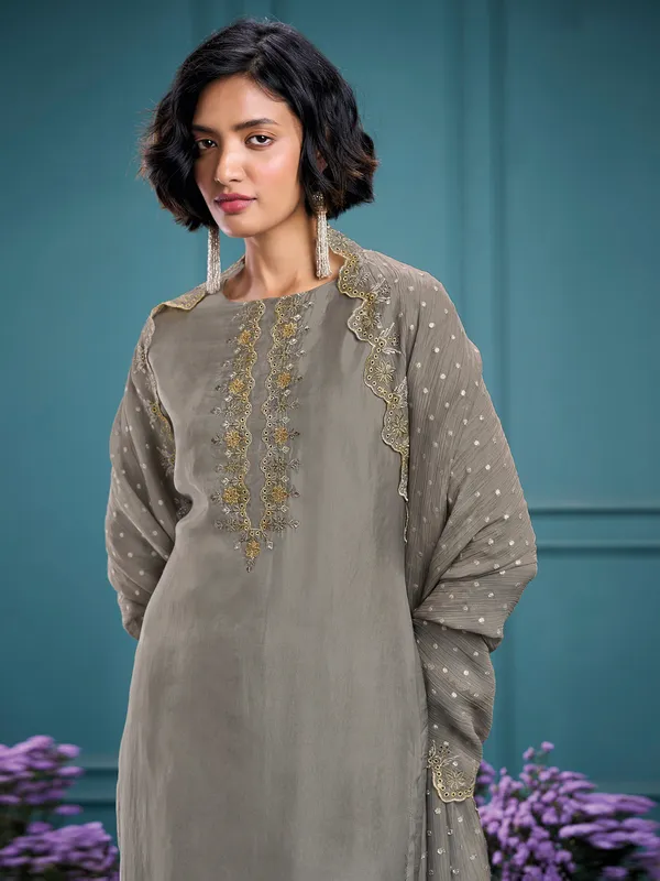 Grey silk palazzo suit with dupatta for festive wear