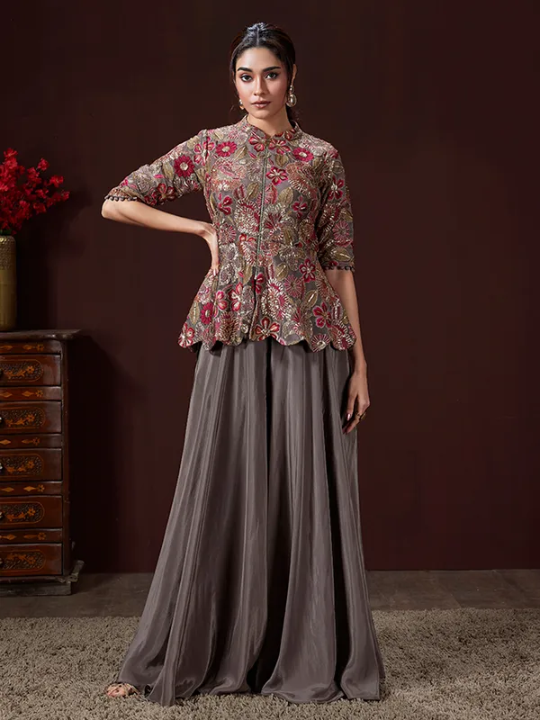 Grey silk palazzo suit with rich embellishment