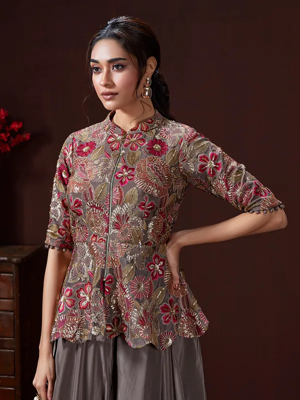 Grey silk palazzo suit with rich embellishment