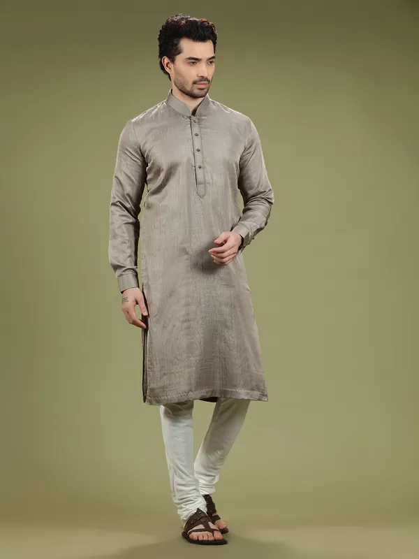 Grey silk plain  Men Kurta pajama