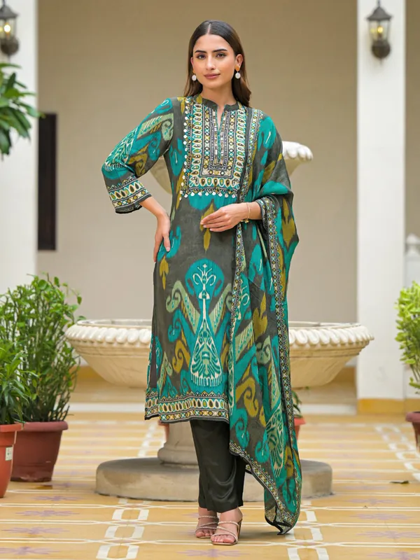Grey silk printed festive kurti set