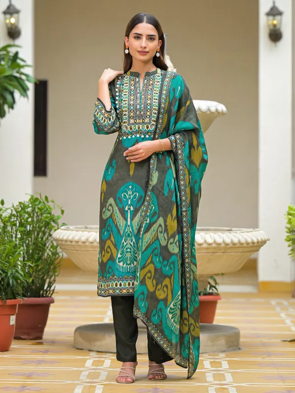 Grey silk printed festive kurti set