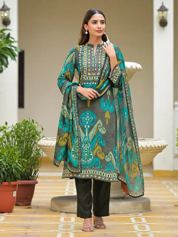 Grey silk printed festive kurti set