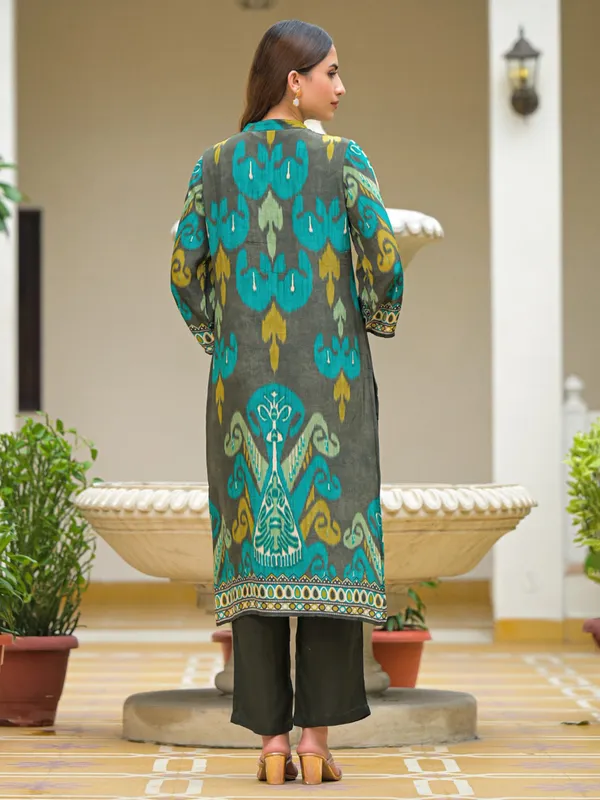 Grey silk printed festive kurti set