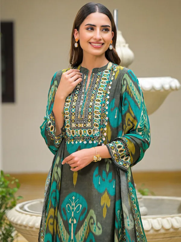 Grey silk printed festive kurti set
