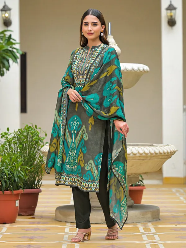 Grey silk printed festive kurti set