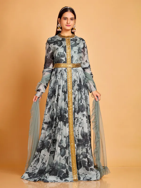 Grey silk printed floor length suit