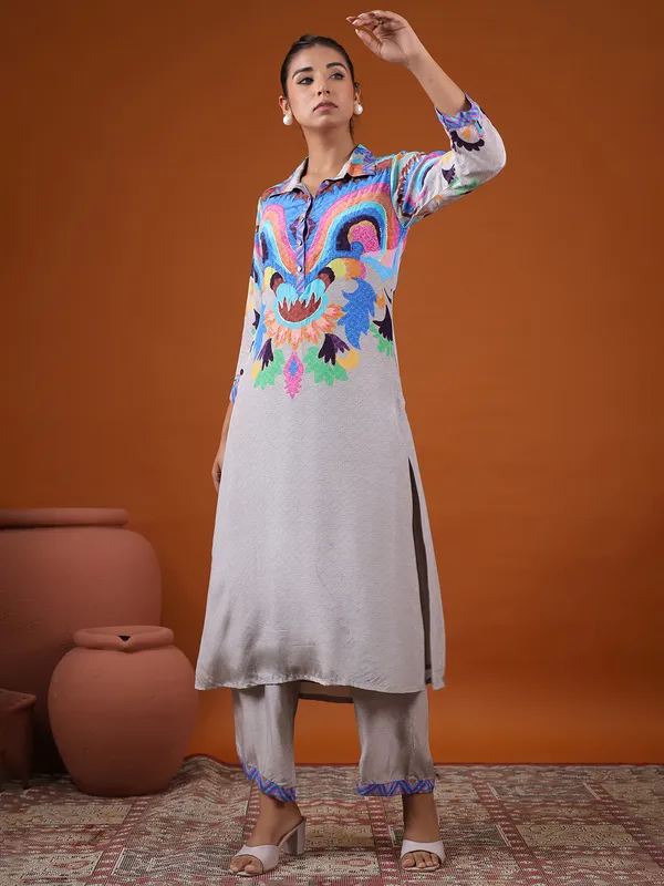 Grey silk printed kurti set for festive