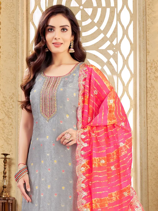 Grey silk printed salwar suit for women