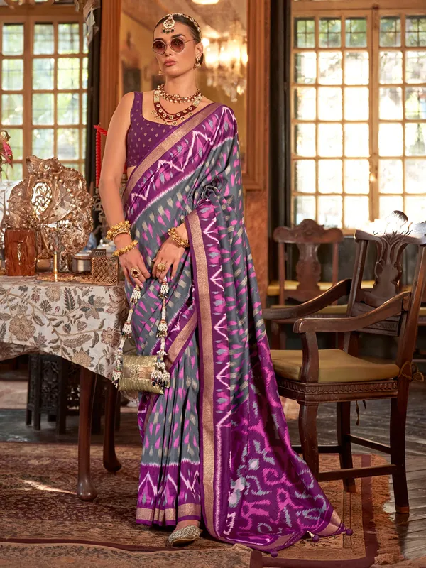 Grey silk printed saree with bold wine border