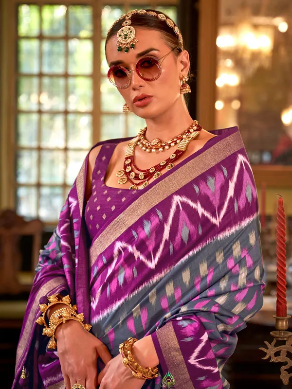 Grey silk printed saree with bold wine border