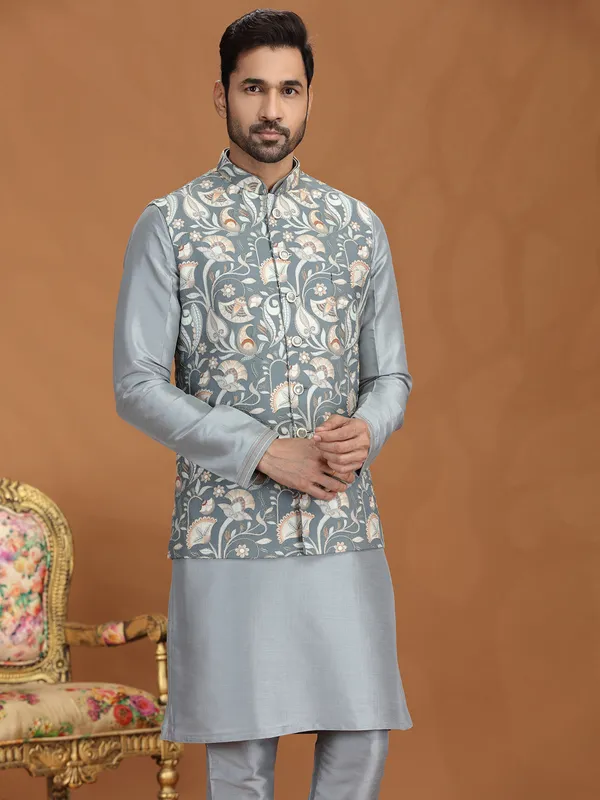 Grey silk printed waistcoat set with zari weaving