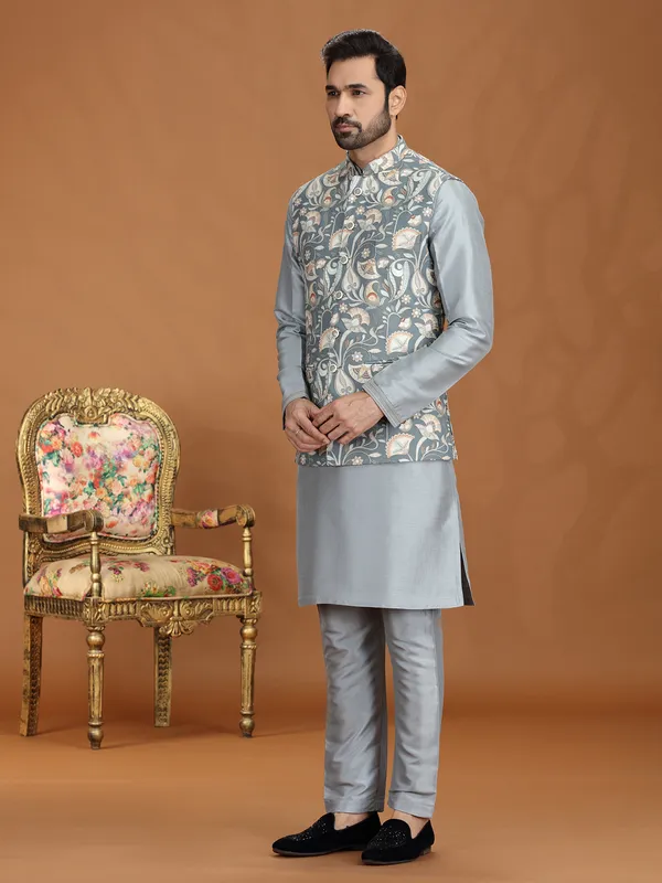 Grey silk printed waistcoat set with zari weaving