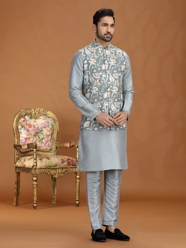 Grey silk printed waistcoat set with zari weaving