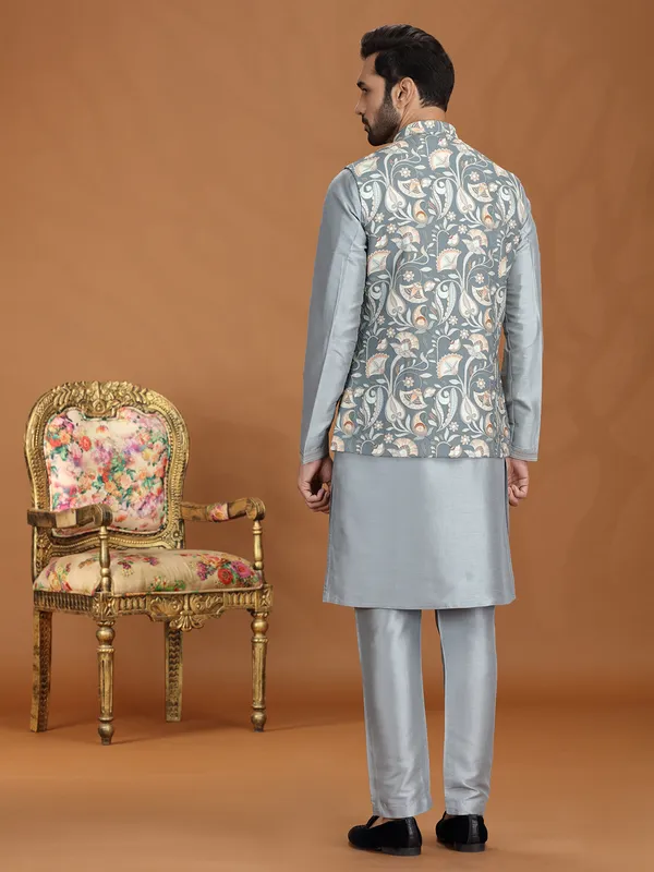 Grey silk printed waistcoat set with zari weaving