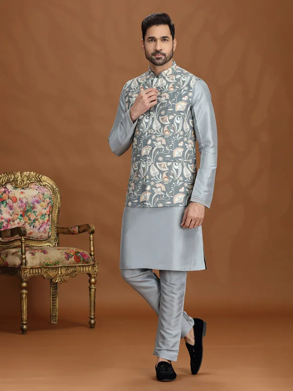 Grey silk printed waistcoat set with zari weaving