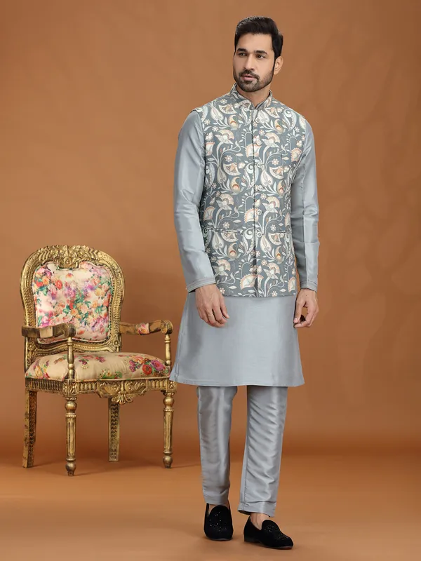 Grey silk printed waistcoat set with zari weaving