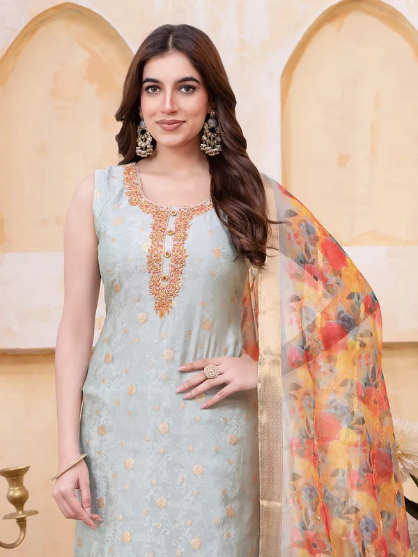 Grey silk salwar suit with printed dupatta for women