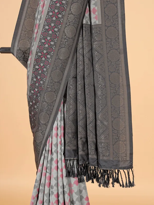 Grey silk saree with black border