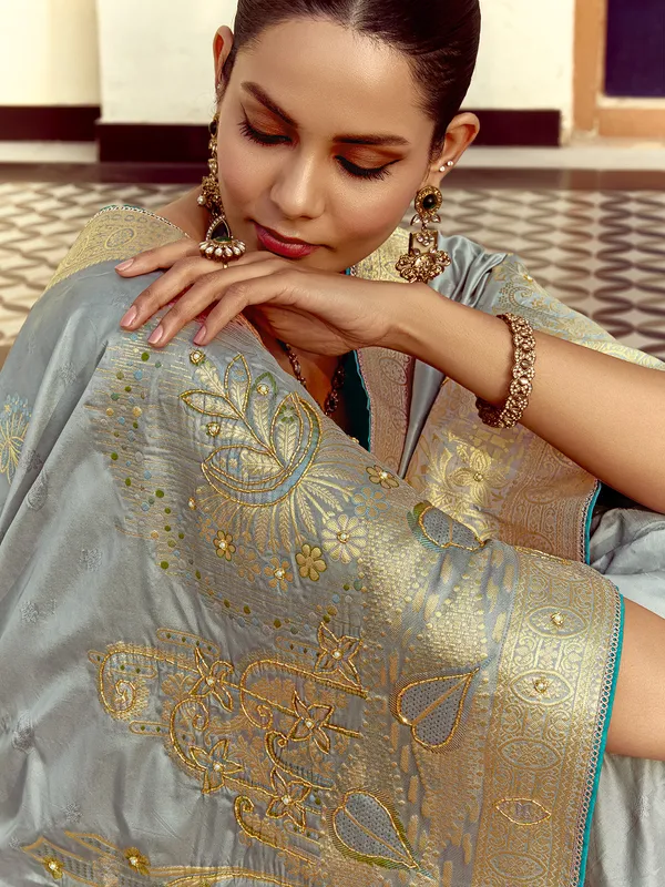 Grey silk saree with cutdana work