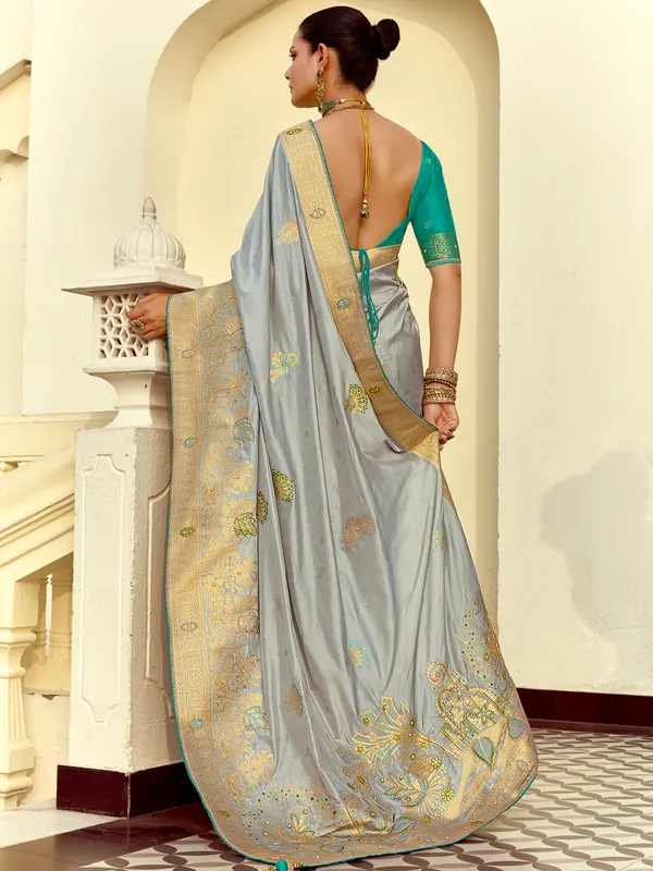 Grey silk saree with cutdana work
