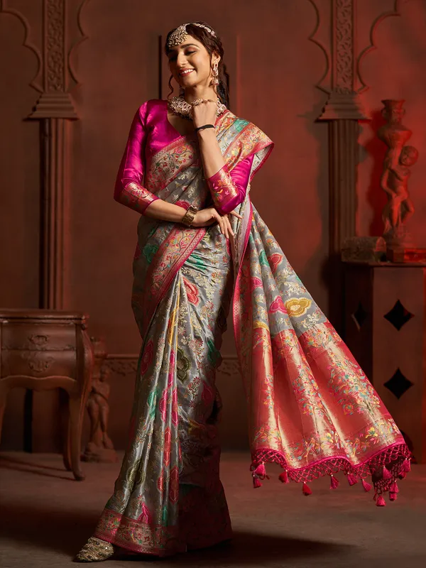 Grey silk saree with minakari border