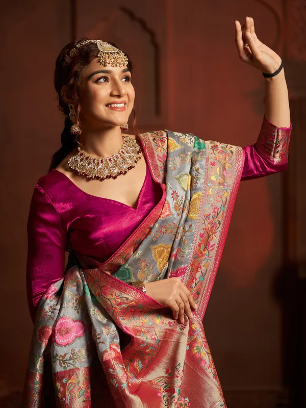 Grey silk saree with minakari border