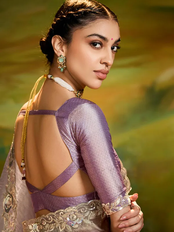 Grey silk saree with sequins work