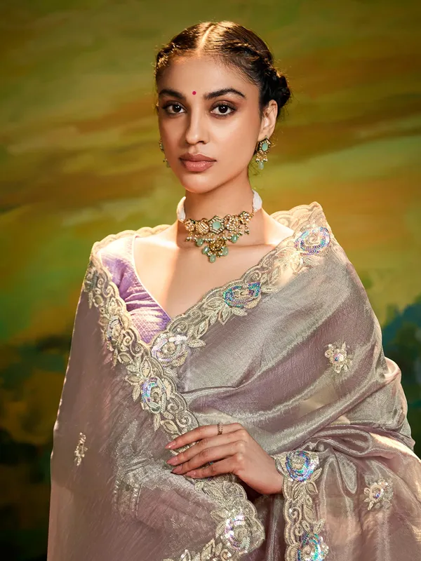 Grey silk saree with sequins work