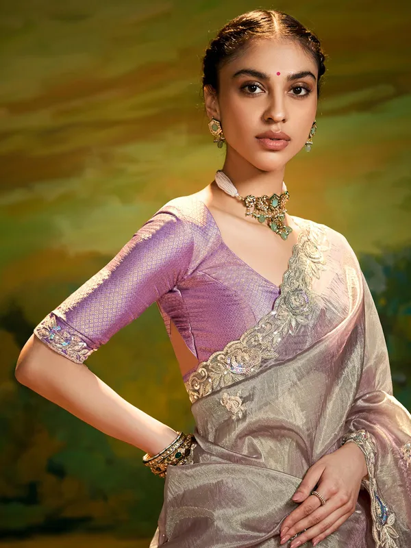 Grey silk saree with sequins work