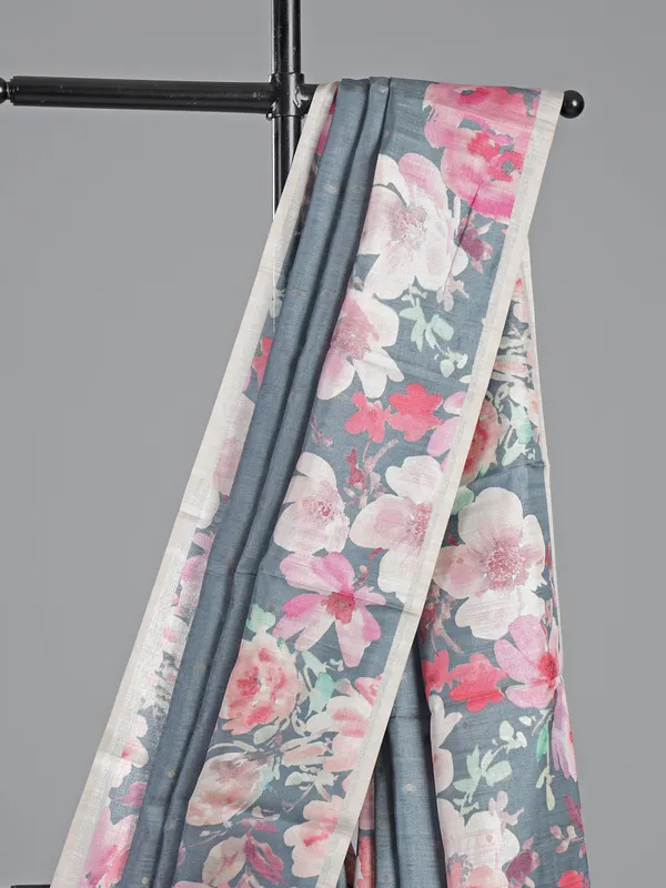 Grey silk saree with zari floral weaving