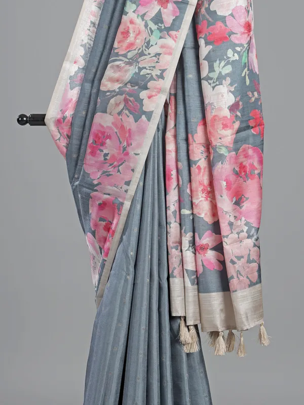 Grey silk saree with zari floral weaving