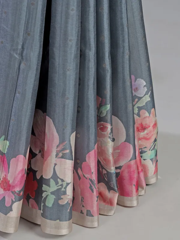 Grey silk saree with zari floral weaving