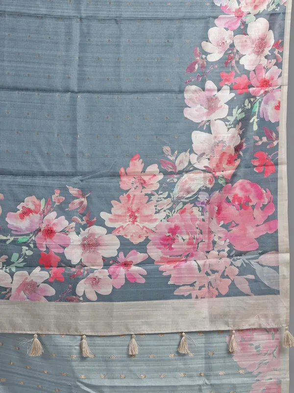 Grey silk saree with zari floral weaving