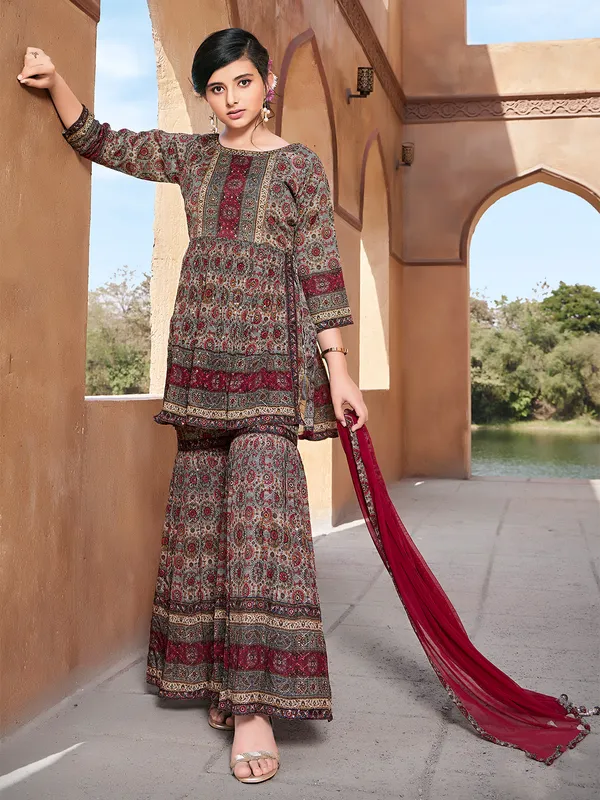 Grey silk sharara suit in printed
